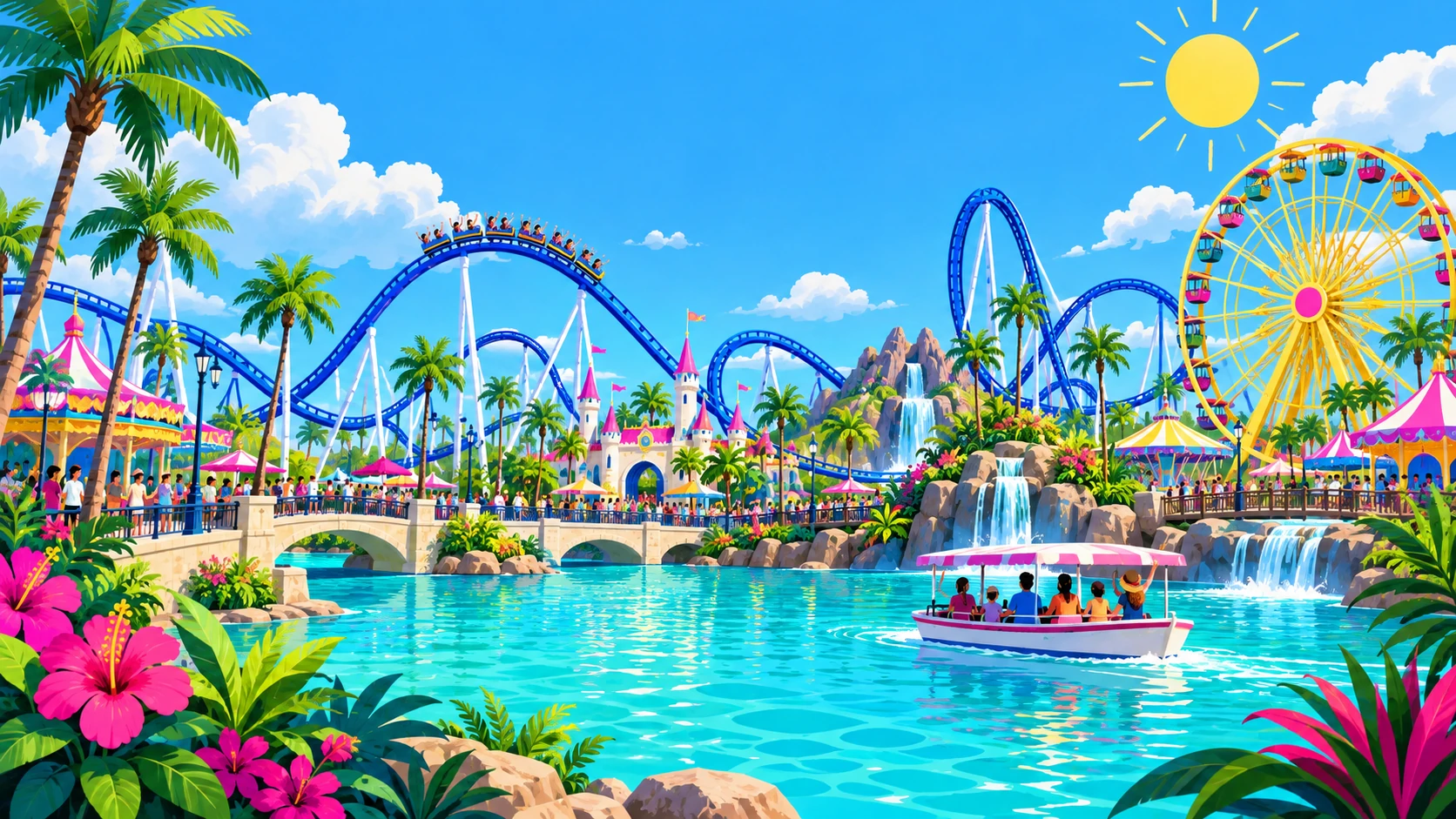 Colorful illustration of an imaginary Florida theme park with blue roller coasters, palms, turquoise water, and a yellow Ferris wheel